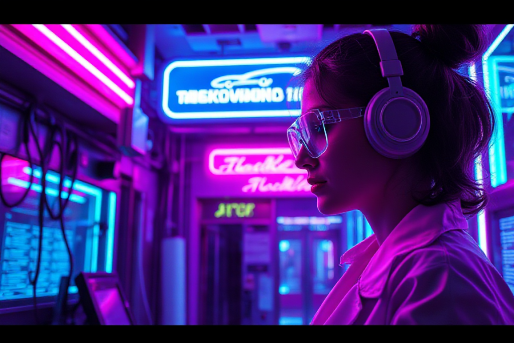 Neon beeld van een dokter met een bril en koptelefoon in een futuristische omgeving.