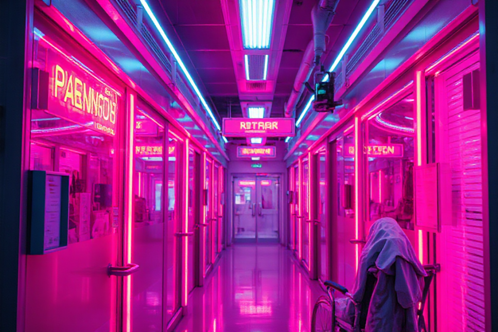neon overgoten gang in een dystopisch ziekenhuis. Een rolstoel met mogelijk een patiënt bedekt in doeken staat ind e gang.
